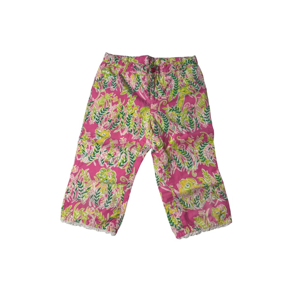 Lilly Pulitzer Kids 6X Pink Floral Print Capri Pants Lace Trim Elastic Waist‎